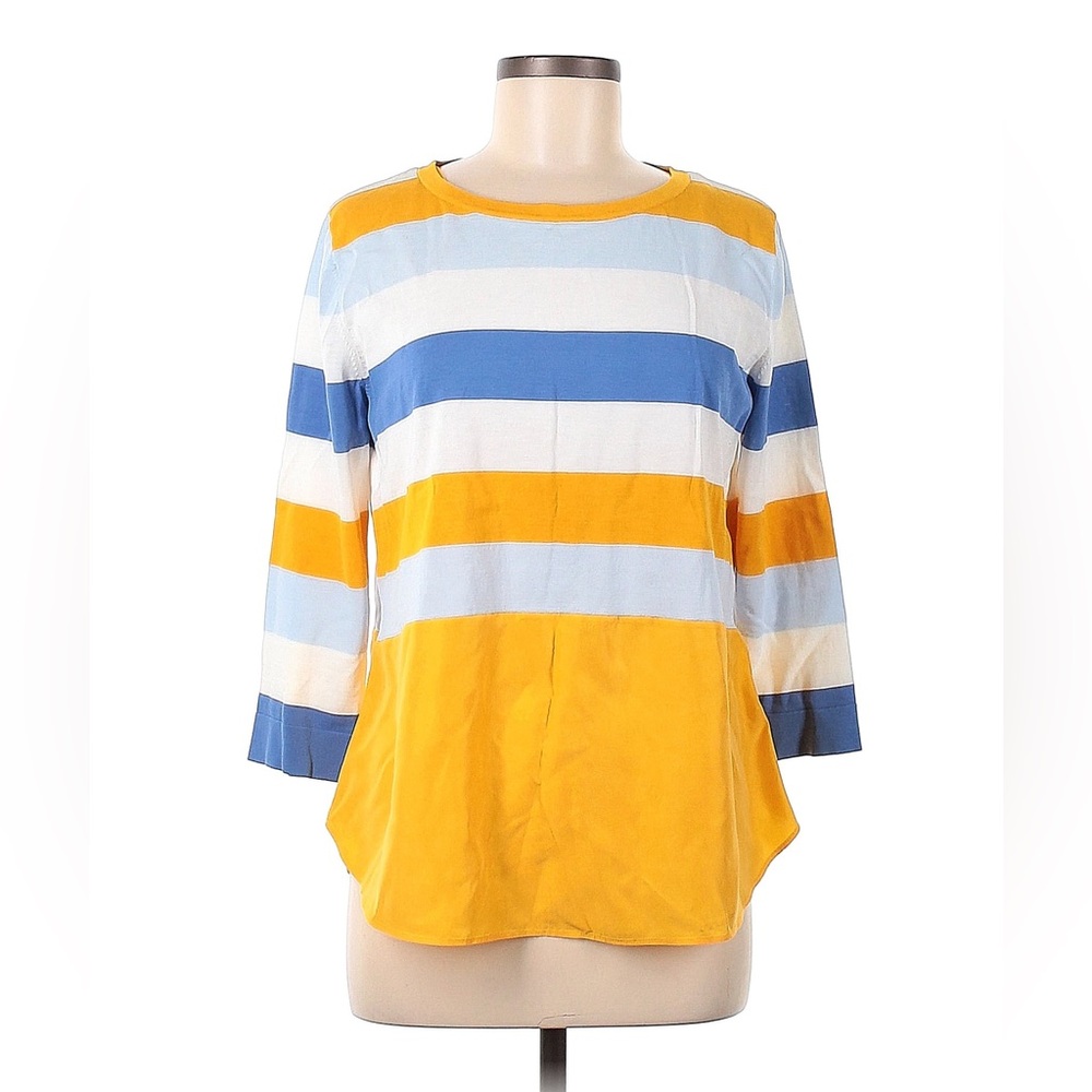 COS L Sweater Top Striped Blue White Yellow Buttoned up Back Silk Hem Excellent
